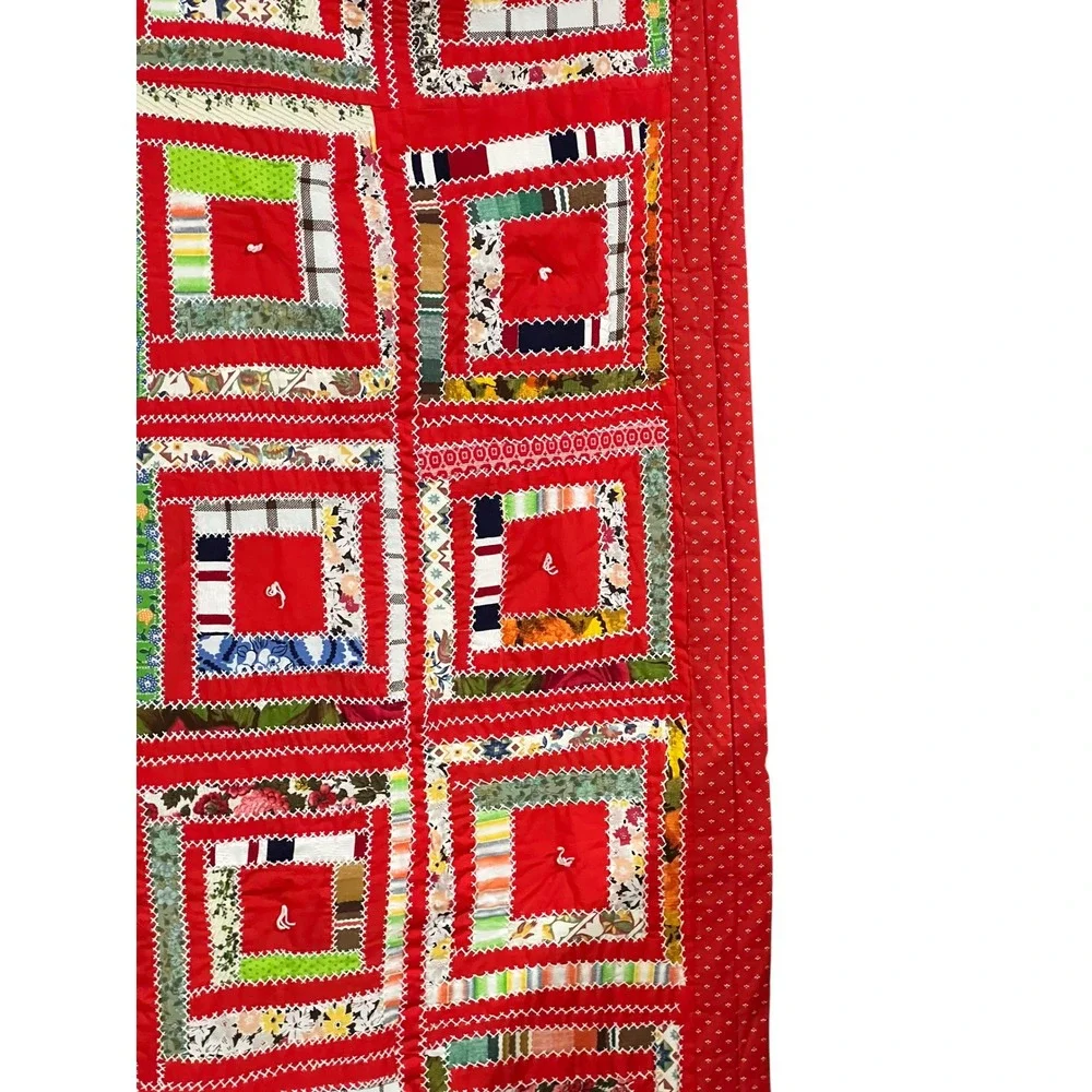 Vintage Handmade Log Cabin Quilt Hand Embroidered Twin 52x70 Folk Art